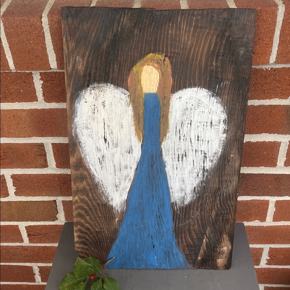 Hand-painted Angel On Reclaimed Vintage Cedar Wood Shingle Handcrafted